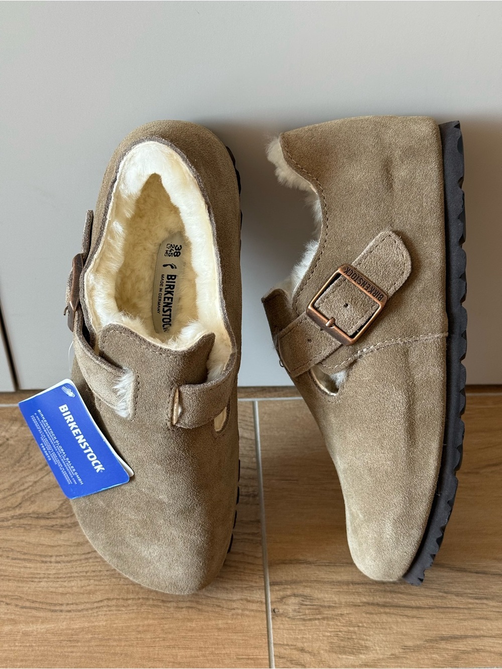 Birkenstock London Shearling Suede Taupe Women’s Size 38 US 7-7.5 New